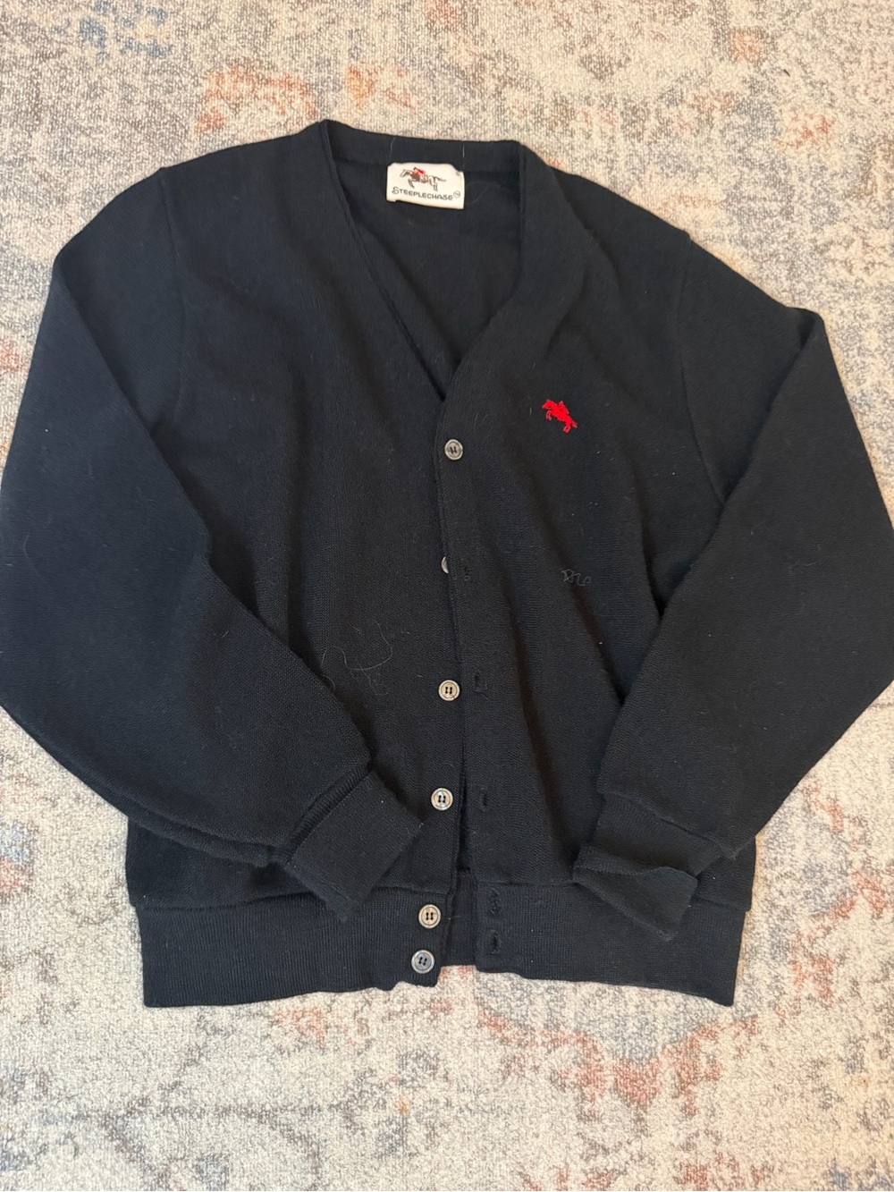 Black V-Neck Cardigan with Red Pony Embroidery. Vintage